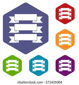 Three ribbons icons set rhombus in different colors isolated on white background