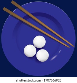 Three rice balls on a blue plate. Vector illustration.