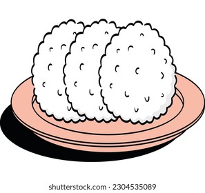 three rice balls placed on a plate that can arouse hunger in anyone who sees them