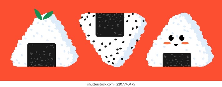 Tres onigiri de arroz con fondo rojo. Decoración cara linda