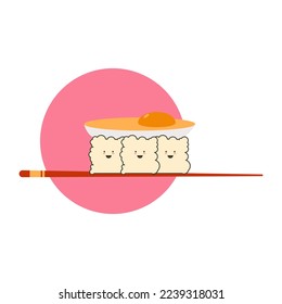three rice rolls hold a boiled egg standing on a Chinese stick