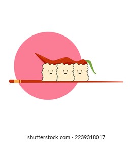 three rice rolls hold hot peppers standing on a chinese stick