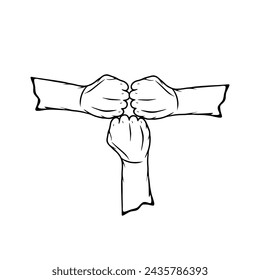 three right hands clench together black and white  vector illustration 