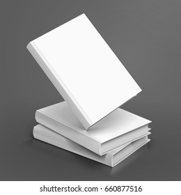 three right tilt blank white books, one floating, can be used as design element, isolated dark gray background, 3d illustration 