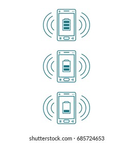 three ringing line art icons of smartphones with different levels of charging and signal waves