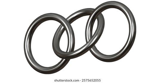 three rings of 3d Circle silver metal on white background, Transparent background