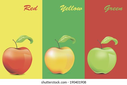 three ripe apples with leaves