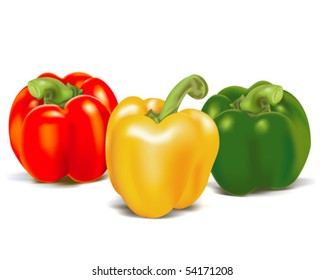 Three ripe colored sweet peppers. Vector illustration.