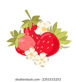 Three ripe juicy red strawberries. Vector illustration of summer berries.