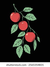 Three ripe red apples on a branch with green leaves against a black background. hand-drawn illustration