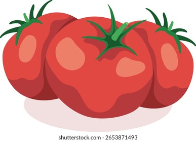 Três tomates vermelhos maduros são agrupados, cada um com um tronco verde, lançando uma sombra suave.