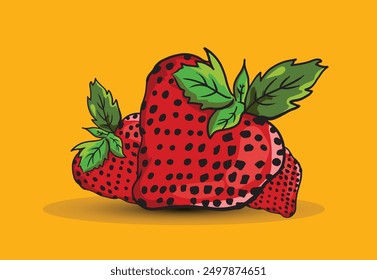 Three ripe strawberries with green leaves, forming a heart shape. Perfect for designs related to love, health, and summer