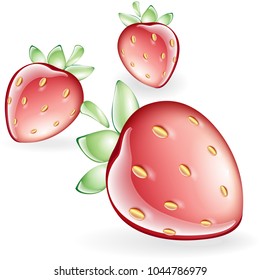 Three ripe strawberry fruit with green leaves sign vector icon.
