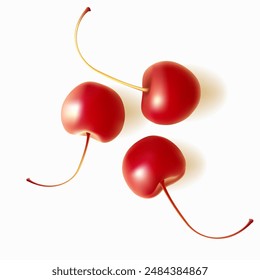 Tres cerezas dulces. Objetos vectoriales aislados sobre fondo blanco