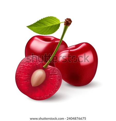 Three ripe sweet Cherrys with green leaf on white backdrop. The cherries are both a deep red color with smooth, shiny skins. The halved cherry reveals the juicy light pink flesh and the small pit