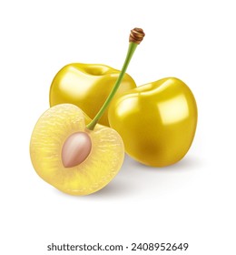 Three ripe, sweet Cherrys on white background. The cherries are both a deep yellow color with smooth, shiny skins. The halved cherry reveals the juicy, light yellow flesh and the small pit
