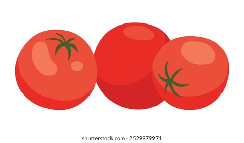 Três tomates maduros são alinhados perfeitamente contra um fundo branco
