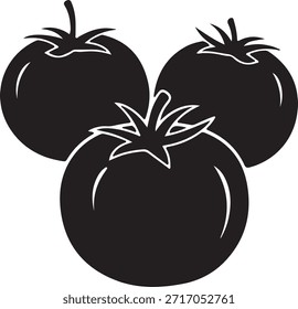 Tres tomates maduros en una simple ilustración de silueta negra