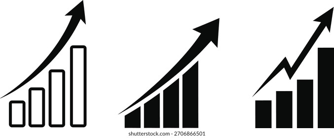 Tres gráficos de barras ascendentes con flechas de tendencia ascendente, que ilustran el crecimiento, el éxito y el rendimiento financiero o empresarial positivo en blanco y negro.