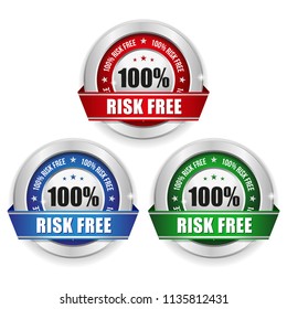 Three risk free badges with silver border and ribbon on white background