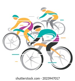 Three road cyclists.
Colorful illustration, Group of racing cyclists on the white background. Vector available.