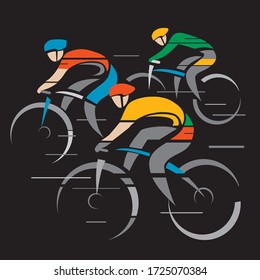 Three road cyclists, competition. Stylized colorful drawing of cyclists at full speed. Isolated on black background. Vector available.