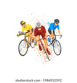 Three road cyclists competition. Stylized colourful drawing of cyclists at full speed riding with splash effect motion. Vector illustration.