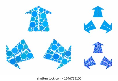 Three road directions mosaic of filled circles in different sizes and color tinges, based on three road directions icon. Vector random circles are organized into blue mosaic.