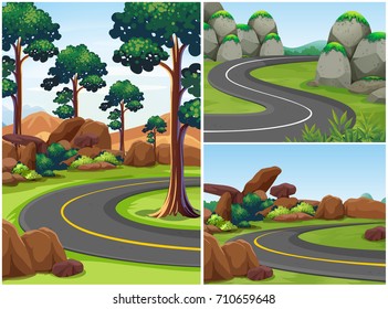 Three road scenes with trees alongside illustration