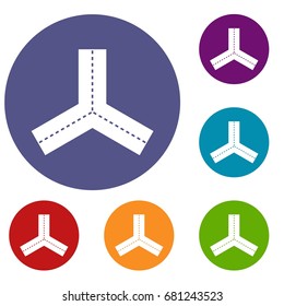Three roads icons set in flat circle red, blue and green color for web