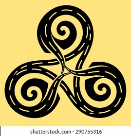 Three roads leading in Celtic disk ornament with triple spiral symbol, white and black vector image 