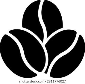 Three roasted coffee beans icon in black with caffeine