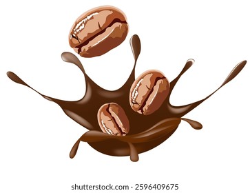 Three roasted coffee beans interacting with splashing of brown liquid, Dynamic composition suggests movement when bean being dropped into chocolate milk and causing it to splash outward