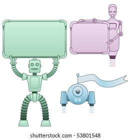Three robot characters holding signs or banners