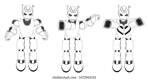 Three robots with different gestures: neutral, DAB gesture and a sign of heart and love.