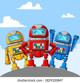 three robots with different posing and color
