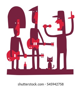 Three rock musicians, rock band with singer, cartoon vector illustration on white