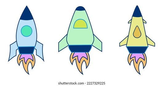 Three rocket flat design, fliying directly to the moon conquering the space. Specialy designed to take you from the spacestation to the future