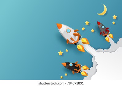 Three Rocket launch design concept.Vector Illustration. Paper art carving.
