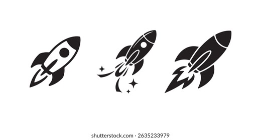 Three Rocket Launch Icons Set Against White Background