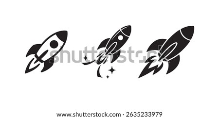Three Rocket Launch Icons Set Against White Background