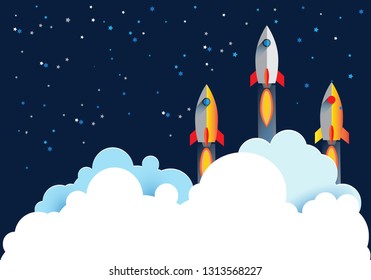 Three Rocket launch, ship illustration flying over cloud with night sky. beautiful scenery with white clouds.vector illustration concept of business. 