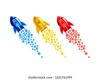 Three rocket launcher icon with different coloring. spaceship taking off vector illustration.