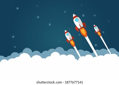 Three rocket launches in space flying over white fluffy clouds. Copy space for design or text. Flat style design vector