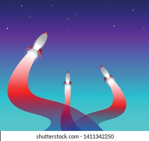 Three rockets fly into space. Vector Illustration.