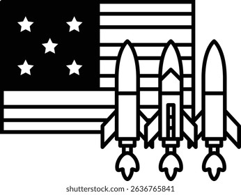 Three rockets are flying in front of the American flag. The rockets are black and white. The flag is red, white, and blue