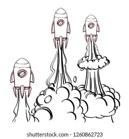 Three rockets launched into outer space, Clipart set. Vector black and white drawing.