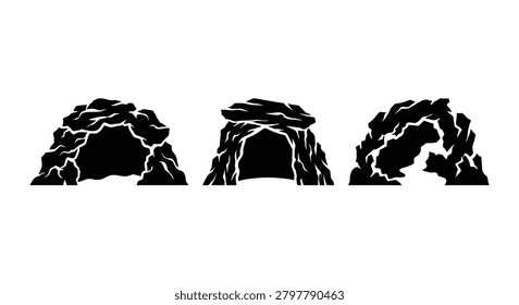 Three rocky cave entrances in black silhouette against a white background silhouette caves rock formation
