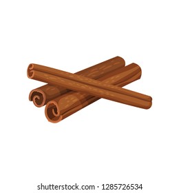 Three rolled sticks of cinnamon. Aromatic spice. Condiment for dishes. Cooking theme. Detailed flat vector design.