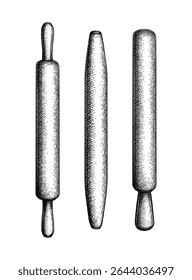 Three rolling pin variations - French, handled, one-handle. Ink sketch of kitchenware. Hand drawn vector illustration. Retro style.